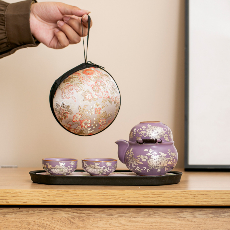 Set de ceainic din porțelan Purple Ru Kiln, placat cu argint și motif bujor, cu mâner, set de ceai pentru călătorii — un ceainic și trei cești