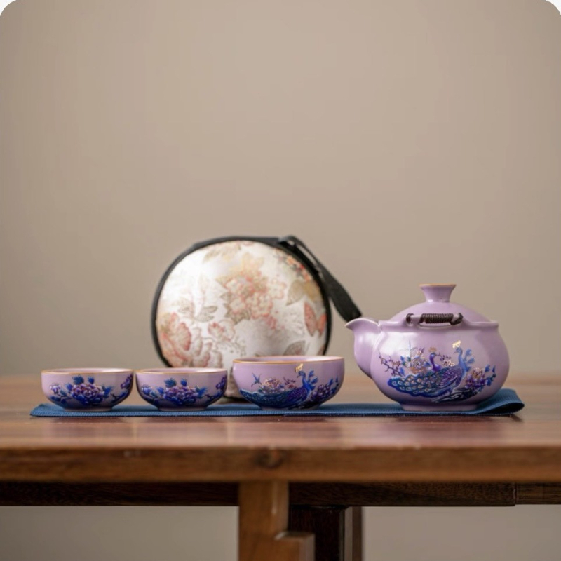 Set de ceainic din porțelan Purple Ru Kiln, placat cu argint și motif bujor, cu mâner, set de ceai pentru călătorii — un ceainic și trei cești