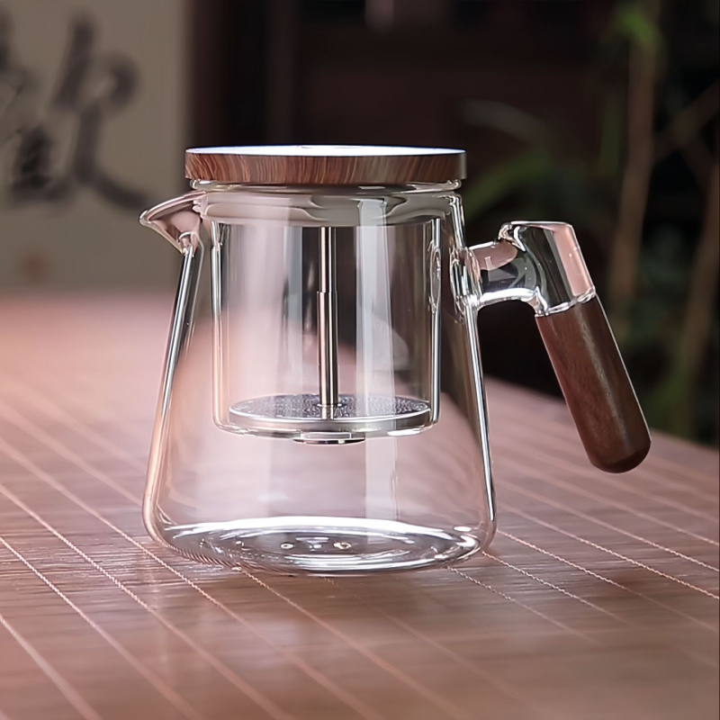 Ceainic elegant pentru uz casnic, separare ceai-apă prin apăsare, tip presă, model 2025, interior din sticlă complet