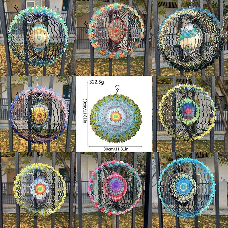 3D rotirajući zvonci vjetra s mandala dizajnom – za vanjski vrt i balkon, metalni viseći ukras