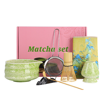 Set bol Matcha cu accesorii pentru ceremonia ceaiului: tel de bambus, suport pentru tel, lingură cu gură, prosoape de ceai