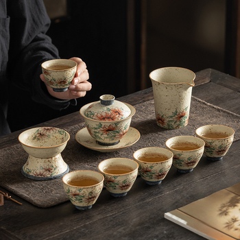 Set Gongfu Ceai din Porțelan Albastru-Alb cu Glazură Roșie – Ceainic ceramic cu mâner de ridicare și cești, pentru casă și birou, de lux