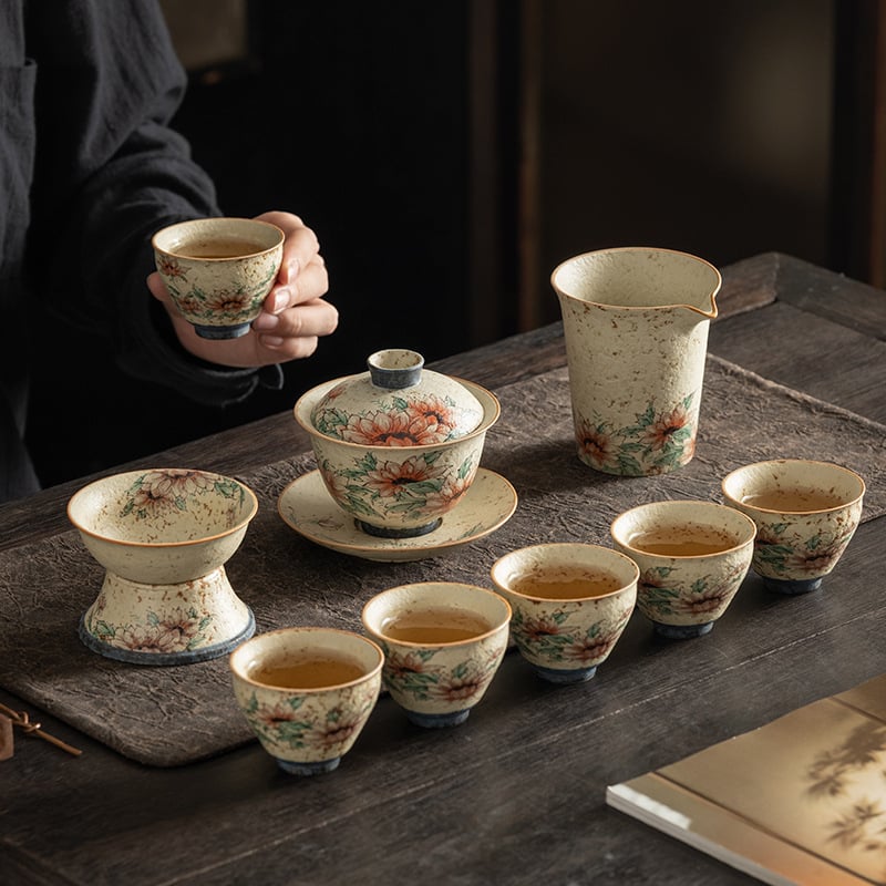 Set Gongfu Ceai din Porțelan Albastru-Alb cu Glazură Roșie – Ceainic ceramic cu mâner de ridicare și cești, pentru casă și birou, de lux