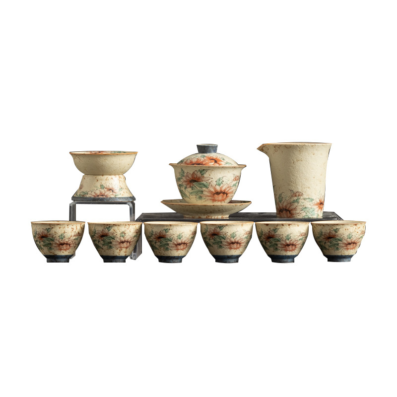 Set Gongfu Ceai din Porțelan Albastru-Alb cu Glazură Roșie – Ceainic ceramic cu mâner de ridicare și cești, pentru casă și birou, de lux