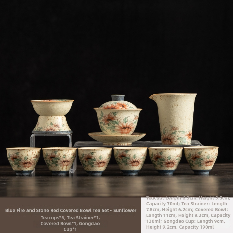 Set Gongfu Ceai din Porțelan Albastru-Alb cu Glazură Roșie – Ceainic ceramic cu mâner de ridicare și cești, pentru casă și birou, de lux