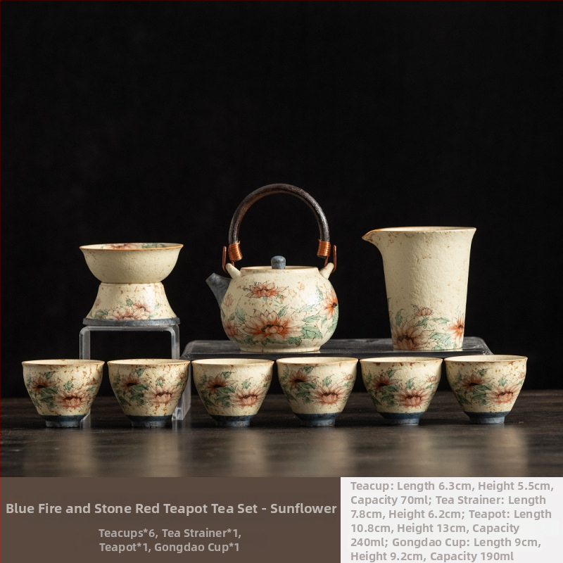 Set Gongfu Ceai din Porțelan Albastru-Alb cu Glazură Roșie – Ceainic ceramic cu mâner de ridicare și cești, pentru casă și birou, de lux