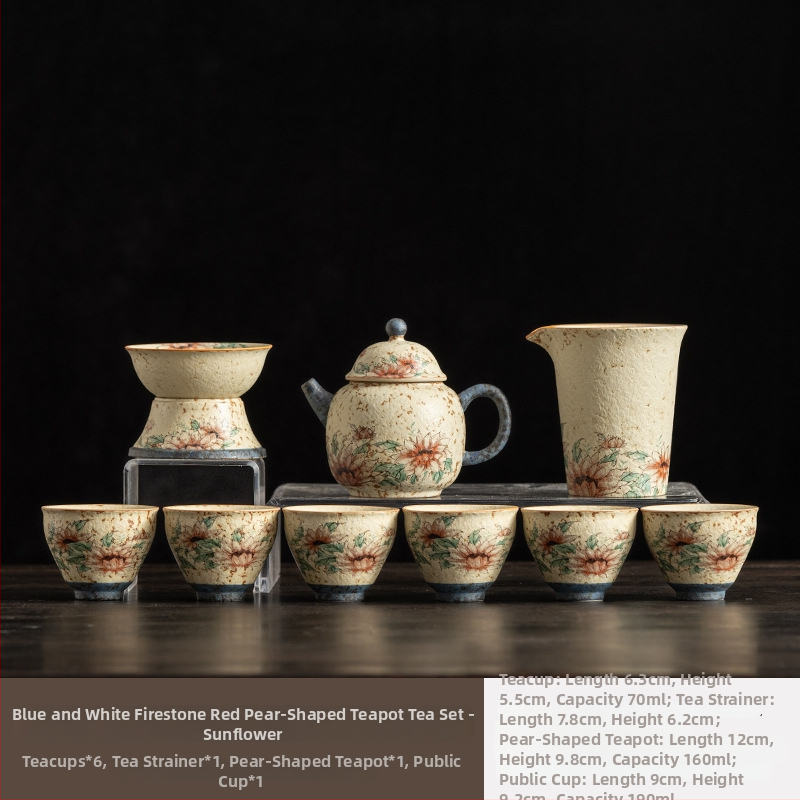 Set Gongfu Ceai din Porțelan Albastru-Alb cu Glazură Roșie – Ceainic ceramic cu mâner de ridicare și cești, pentru casă și birou, de lux