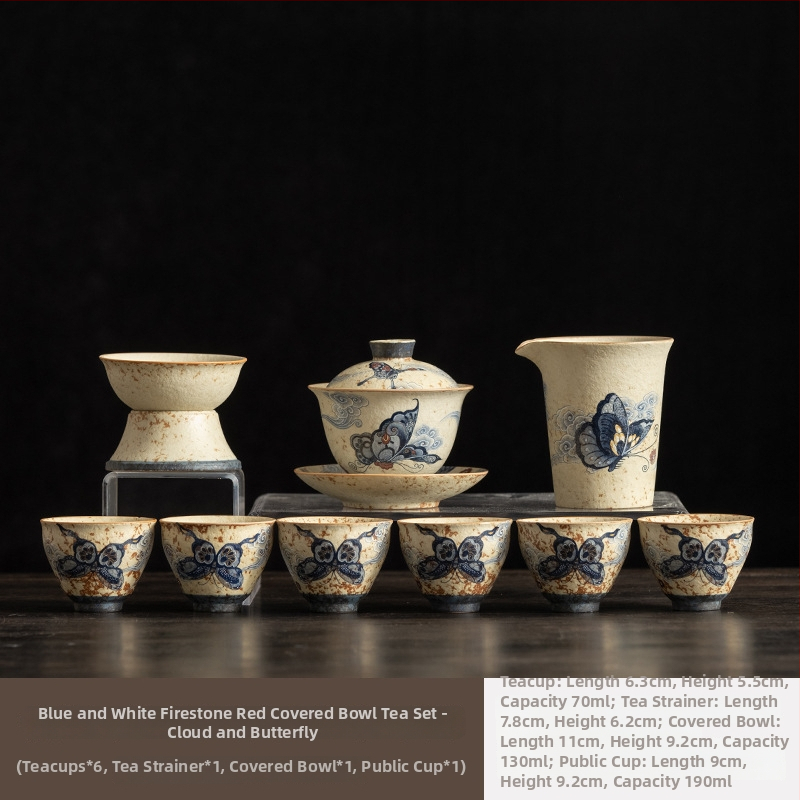 Set Gongfu Ceai din Porțelan Albastru-Alb cu Glazură Roșie – Ceainic ceramic cu mâner de ridicare și cești, pentru casă și birou, de lux