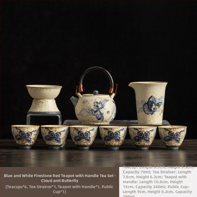 Set Gongfu Ceai din Porțelan Albastru-Alb cu Glazură Roșie – Ceainic ceramic cu mâner de ridicare și cești, pentru casă și birou, de lux