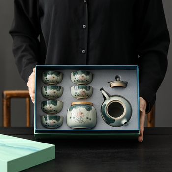 Ge Kiln set de ceai Kung Fu pictat manual, pentru uz casnic, ceainic ceramic de înaltă calitate, cești și gaiwan