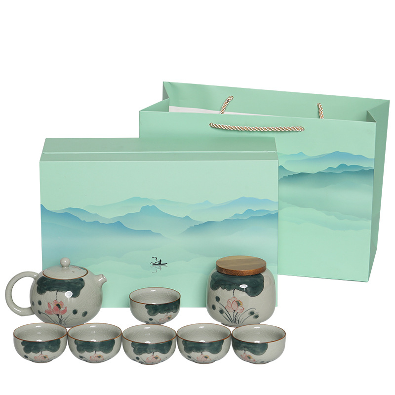 Ge Kiln set de ceai Kung Fu pictat manual, pentru uz casnic, ceainic ceramic de înaltă calitate, cești și gaiwan