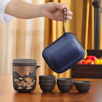Set de ceai de călătorie din lut purpuriu mineral cu schimbare de culoare — portabil, cu 1 oală și 6 cești, separare apă-ceai, pentru exterior