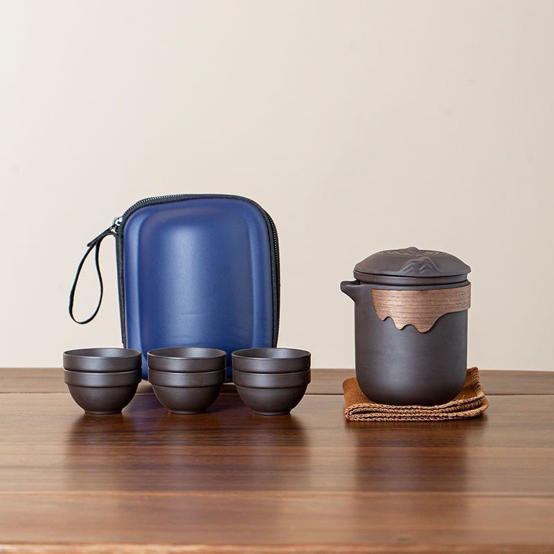 Set de ceai de călătorie din lut purpuriu mineral cu schimbare de culoare — portabil, cu 1 oală și 6 cești, separare apă-ceai, pentru exterior