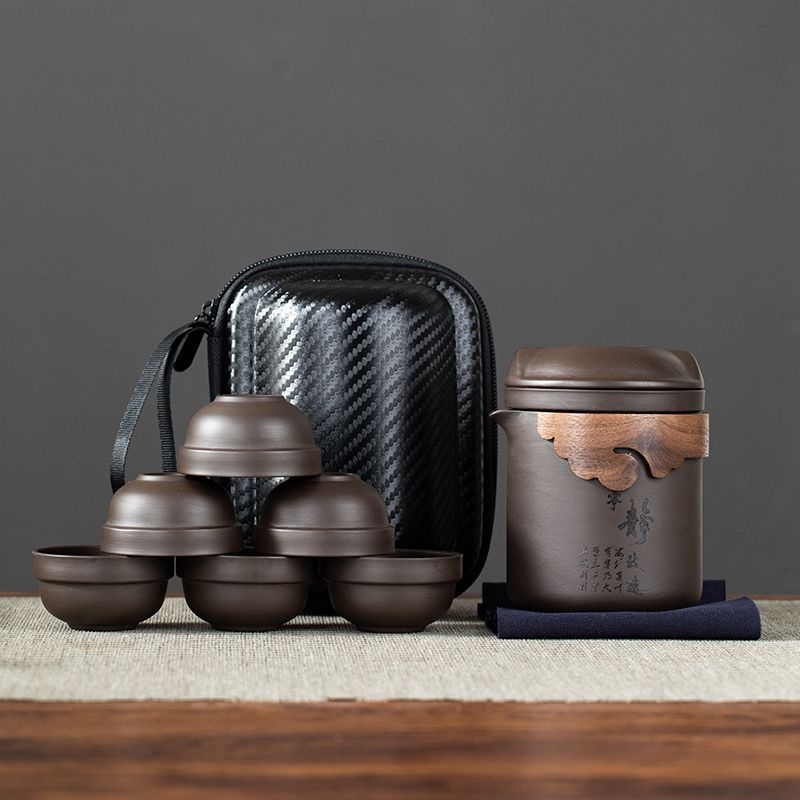 Set de ceai de călătorie din lut purpuriu mineral cu schimbare de culoare — portabil, cu 1 oală și 6 cești, separare apă-ceai, pentru exterior