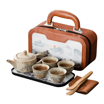 Set de ceai ceramic portabil din porțelan alb, în nuanță jad alb, cu tavă de ceai din bambus, cutie cadou