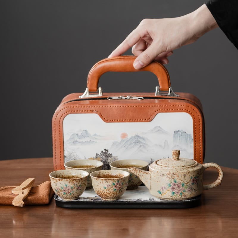 Set de ceai ceramic portabil din porțelan alb, în nuanță jad alb, cu tavă de ceai din bambus, cutie cadou