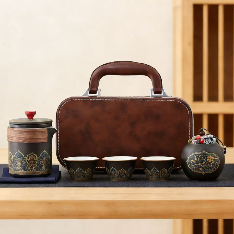 Set de ceai ceramic pentru călătorii — ceainic portabil și trei căni, pentru birou