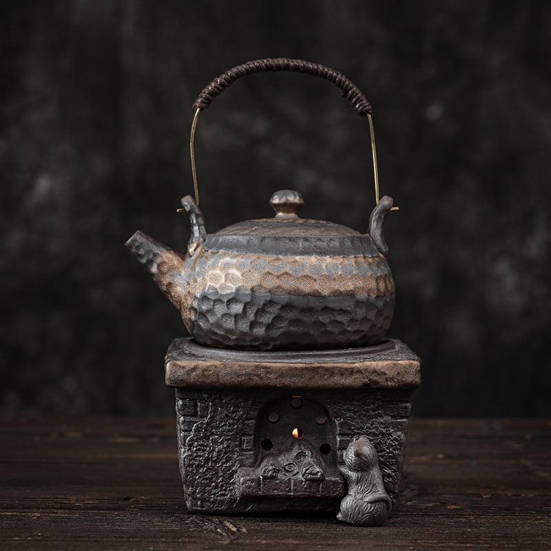 Set de încălzire a ceaiului din ceramică, stil rustic vintage, bază de lumânare în stil japonez și ceainic ceramic.