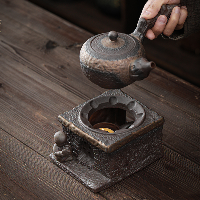Set de încălzire a ceaiului din ceramică, stil rustic vintage, bază de lumânare în stil japonez și ceainic ceramic.