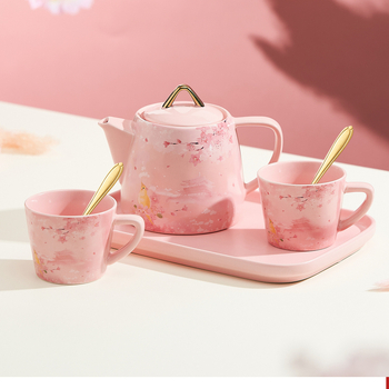Ceainic roz cu flori de cireș – stil Ruyi, set de ceai romantic cu tavă pentru casă