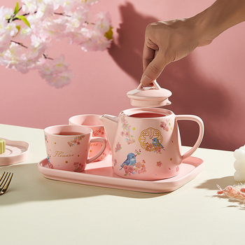 Ceainic roz cu flori de cireș – stil Ruyi, set de ceai romantic cu tavă pentru casă