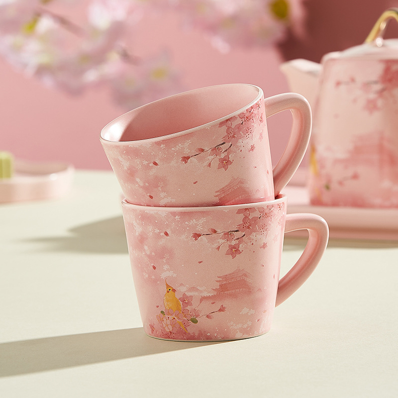 Ceainic roz cu flori de cireș – stil Ruyi, set de ceai romantic cu tavă pentru casă