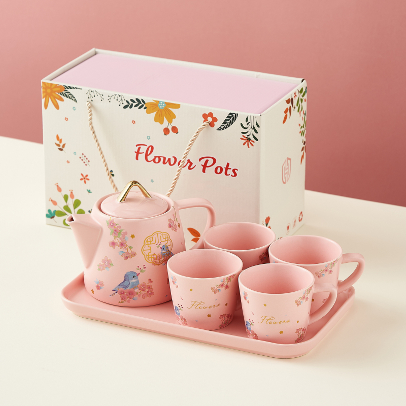 Ceainic roz cu flori de cireș – stil Ruyi, set de ceai romantic cu tavă pentru casă