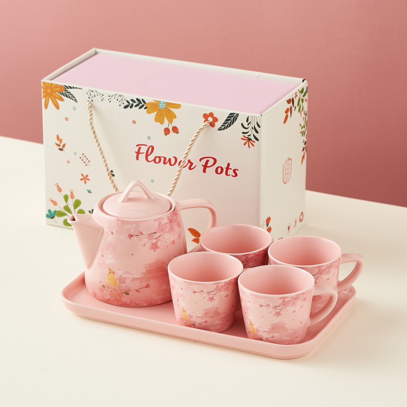 Ceainic roz cu flori de cireș – stil Ruyi, set de ceai romantic cu tavă pentru casă