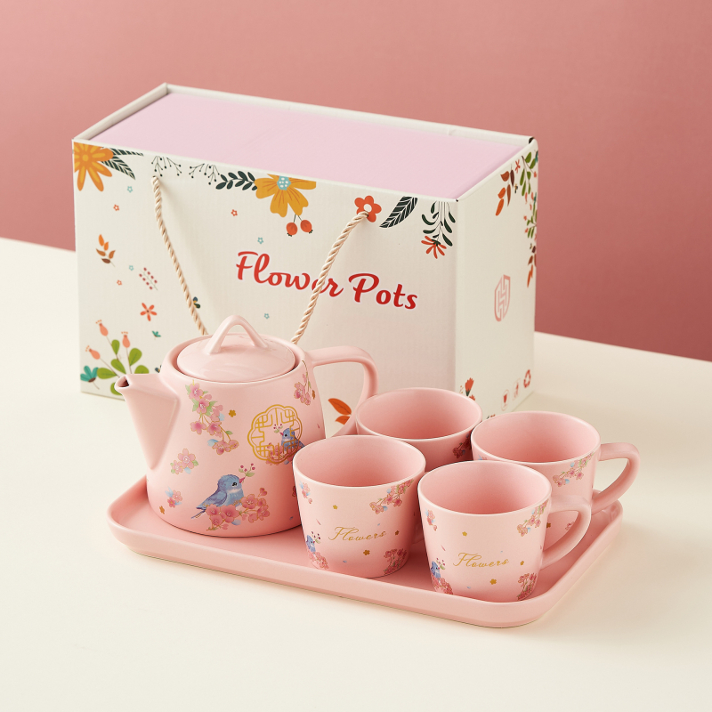 Ceainic roz cu flori de cireș – stil Ruyi, set de ceai romantic cu tavă pentru casă