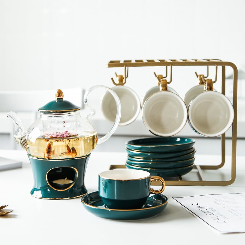 Set de ceai cu flori, stil european, ceainic ceramic și cești din sticlă, pictură manuală, încălzire cu lumânare pentru ceai de fructe la ceaiul de după-amiază