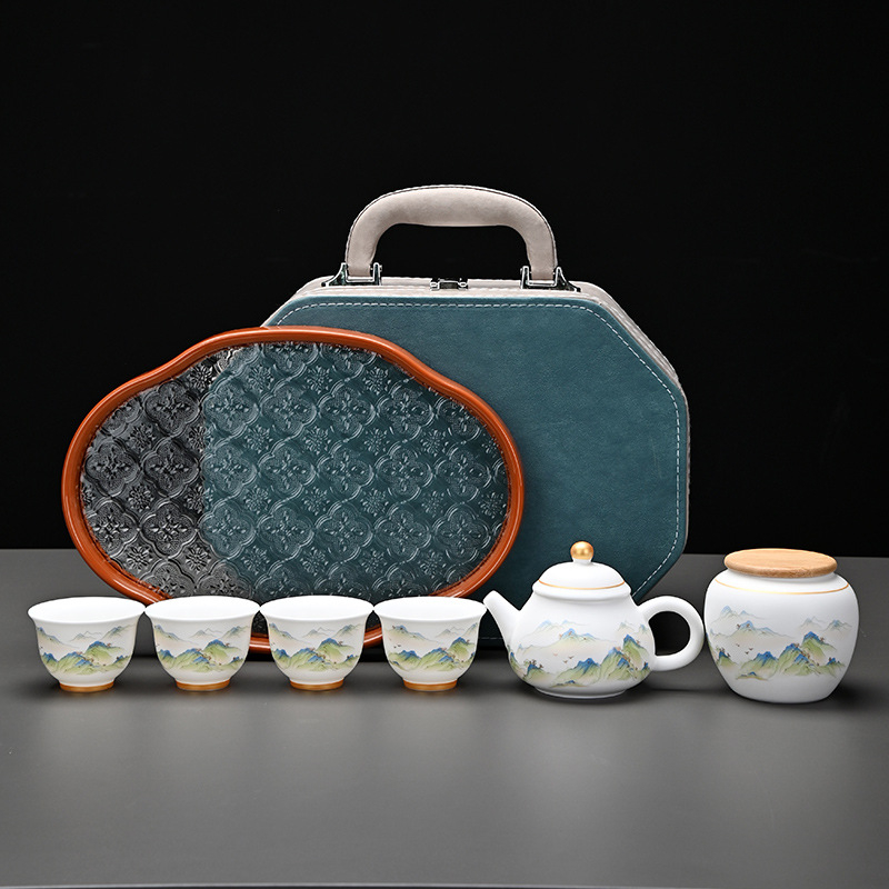 Set nou de ceai de călătorie, portabil, cu oală și patru cești, ceramic