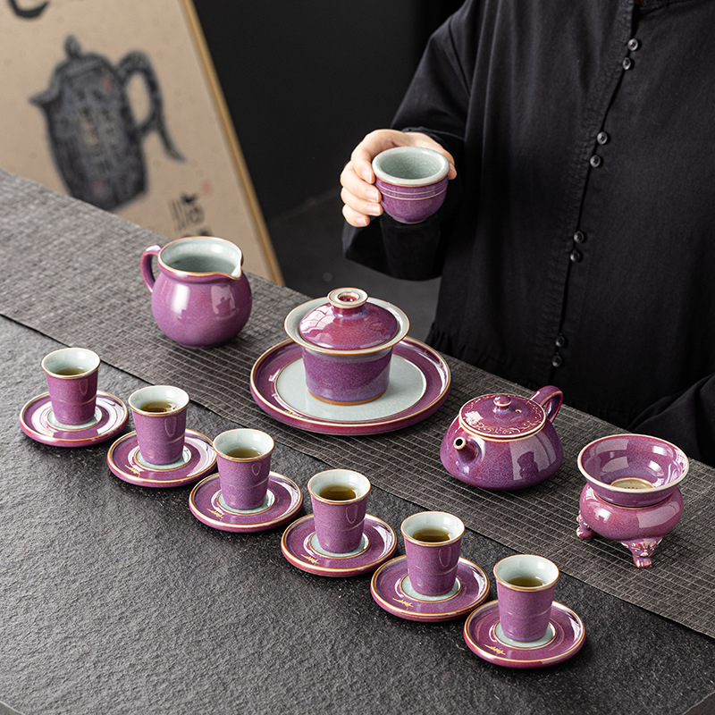 Set de ceai din porțelan Zijun Kiln Kung Fu cu model Ice Flower — ceainic, gaiwan și cești, în stil luxos ușor