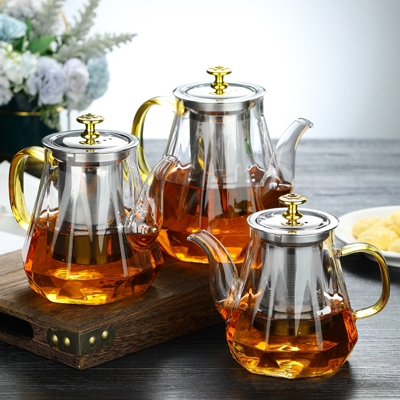 Ceainic Diamond Pot din sticlă borosilicată rezistentă la temperatură, filtru din oțel inoxidabil, separare ceai-apă