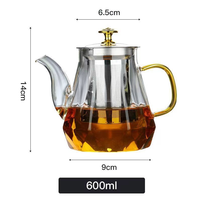 Ceainic Diamond Pot din sticlă borosilicată rezistentă la temperatură, filtru din oțel inoxidabil, separare ceai-apă