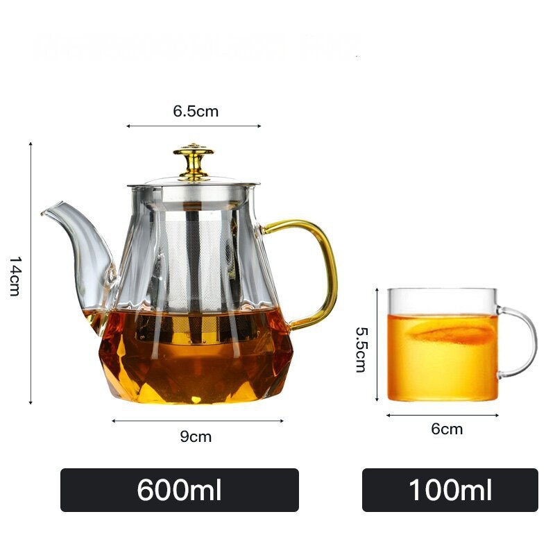 Ceainic Diamond Pot din sticlă borosilicată rezistentă la temperatură, filtru din oțel inoxidabil, separare ceai-apă
