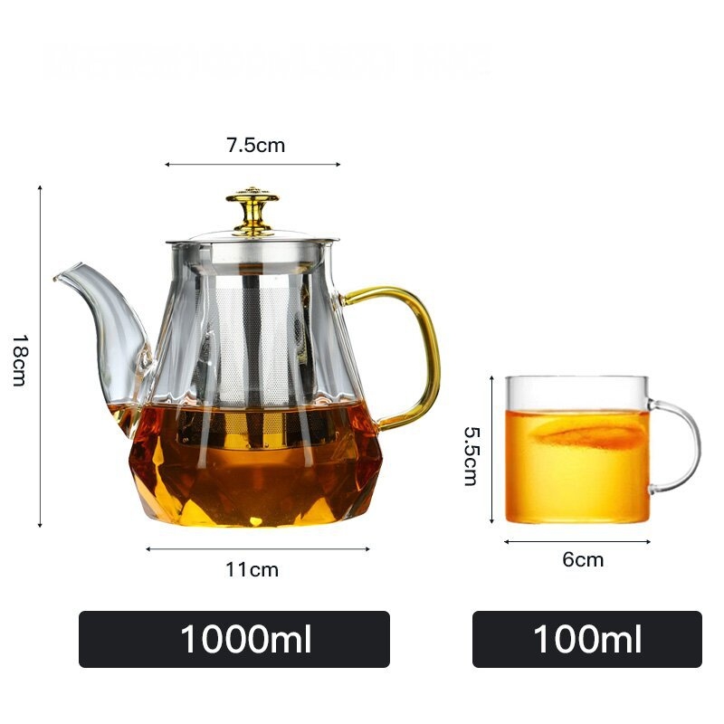 Ceainic Diamond Pot din sticlă borosilicată rezistentă la temperatură, filtru din oțel inoxidabil, separare ceai-apă