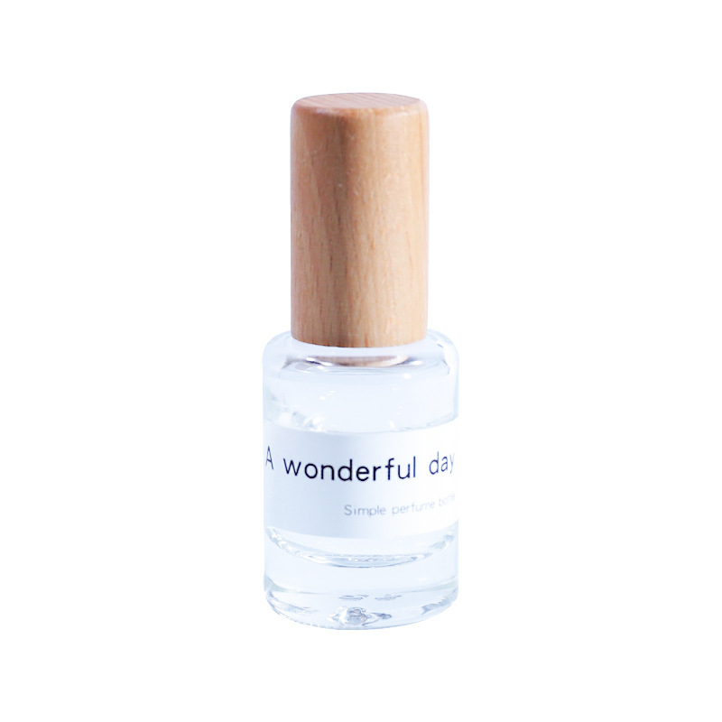 Üveges parfümös üveg 10 ml, fa kupakkal, szitanyomott logóval, finom permet