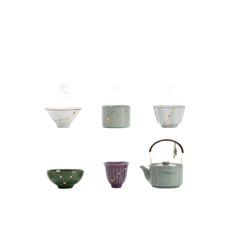 Set de ceai din porțelan cu inserții metalice decorative din cinci cuptoare ceramice celebre – ceainic și set de ceai, cutie cadou, stil retro lux