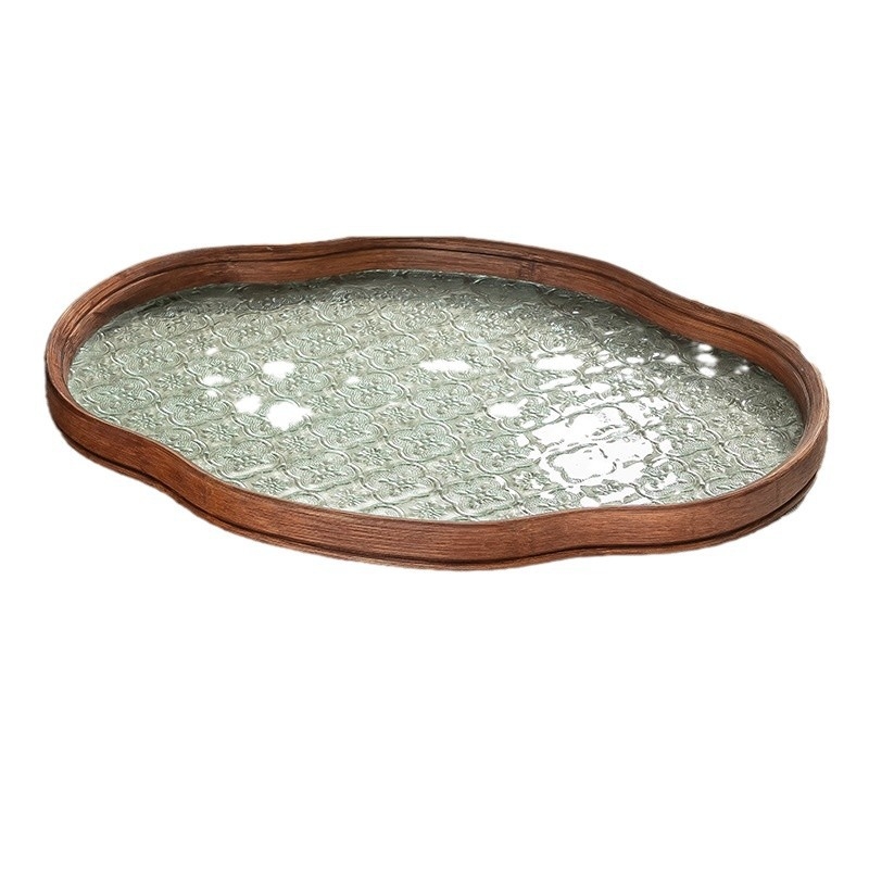 Set de ceai retro cu floare de begonie, tavă din lemn pentru ceai pentru sufragerie, include cești și tavă pentru apă