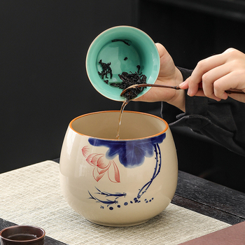 Vas ceramic pentru spălarea ceaiului, cu bazin de apă și găleată pentru apă reziduală pentru ceremonia Gongfu