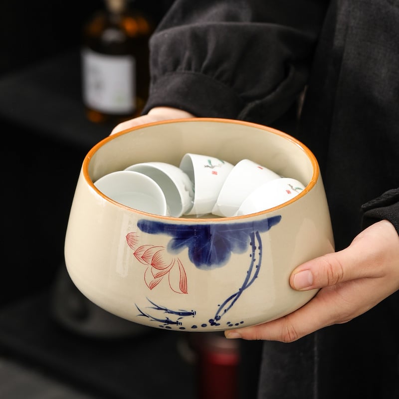 Vas ceramic pentru spălarea ceaiului, cu bazin de apă și găleată pentru apă reziduală pentru ceremonia Gongfu
