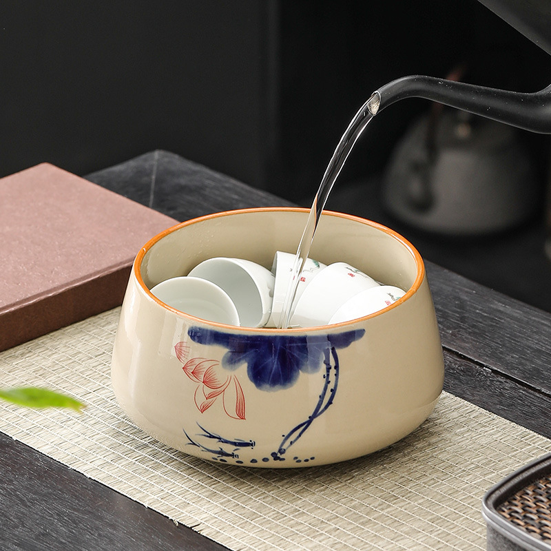 Vas ceramic pentru spălarea ceaiului, cu bazin de apă și găleată pentru apă reziduală pentru ceremonia Gongfu