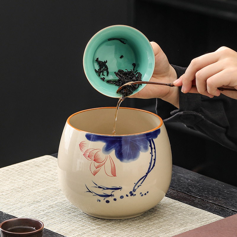 Vas ceramic pentru spălarea ceaiului, cu bazin de apă și găleată pentru apă reziduală pentru ceremonia Gongfu