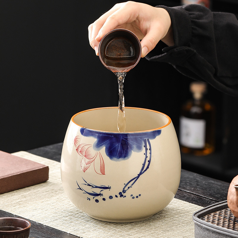 Vas ceramic pentru spălarea ceaiului, cu bazin de apă și găleată pentru apă reziduală pentru ceremonia Gongfu