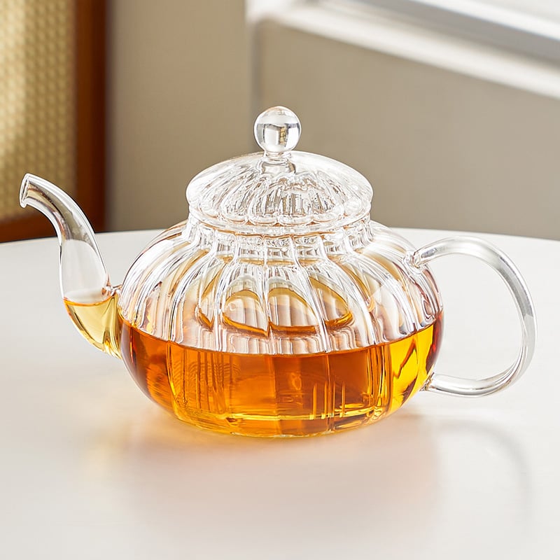 Ceainic din dovleac, sticlă borosilicat, rezistentă la temperaturi, cu filtru și accesorii pentru ceremonia ceaiului
