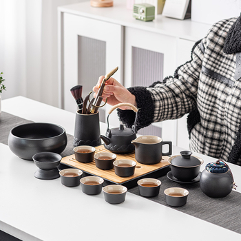 Set Gongfu de ceai din ceramică neagră pentru uz casnic, cu tavă pentru infuzare uscată — set cadou modern, mare