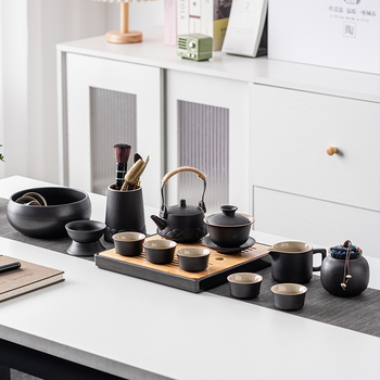 Set Gongfu de ceai din ceramică neagră pentru uz casnic, cu tavă pentru infuzare uscată — set cadou modern, mare