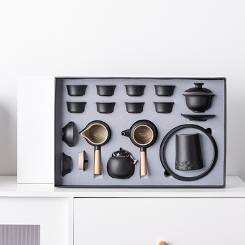 Set Gongfu de ceai din ceramică neagră pentru uz casnic, cu tavă pentru infuzare uscată — set cadou modern, mare