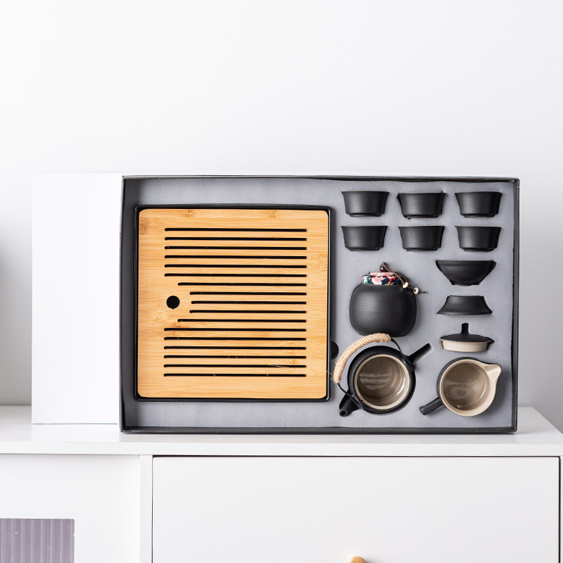 Set Gongfu de ceai din ceramică neagră pentru uz casnic, cu tavă pentru infuzare uscată — set cadou modern, mare