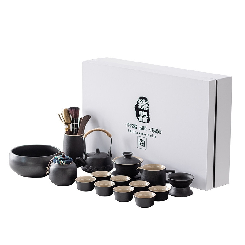 Set Gongfu de ceai din ceramică neagră pentru uz casnic, cu tavă pentru infuzare uscată — set cadou modern, mare